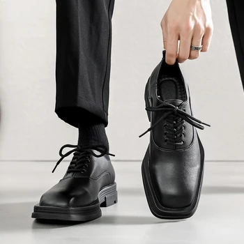 Мъжки квадратна подметка, от изкуствена кожа, реколта тъмната модни ежедневни обувки в стил дерби, мъжки градинска дрехи, черни кожени обувки в стил дерби на дебела подметка B195