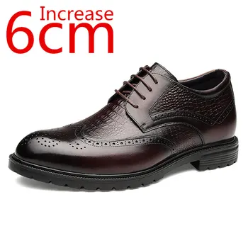 Нова мъжки обувки, увеличена до 6 см, обувки за шиене от естествена кожа с дърворезба, отличен бизнес мъжки кожени обувки в стил дерби