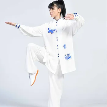 Еластичен костюм от памук с перли, подходящи за практикуване на бойни изкуства, сутрин упражнения, костюм за изяви в бойните изкуства, модерен топ с бродерия на пеперуда