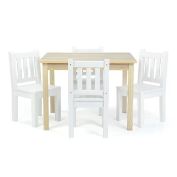 Детска дървена маса BOUSSAC и комплект от 4 стола, естествено дърво /бял
