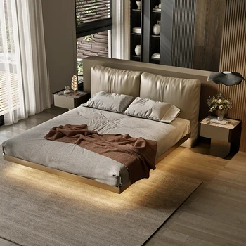 Подвесная кожено легло, минималистичная модерен малък апартамент, спалня, мека раница, двустранен легло, скелетна подвесная легло