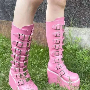 Тенденцията Съвременните Престрелки ботуши за жени, Есенни Ботуши до коляното на платформата, Пикантен Дизайн, С Множество катарами, Градинска дамски Обувки на Много Високи Токчета