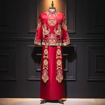 Yourqipao/ мъжки дрехи Xiuhe, китайски мъжки комплекти за сватбени тостове, яке в стил мандарин, костюм Тан, яке с дракон и фениксом, големи размери
