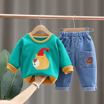 Детски дизайнерски дрехи за деца, комплекти за 18-24 месеца, пролет-есен, пуловер с кръгло деколте и анимационни принтом, блузи, блузи и панталони, дрехи за момчета