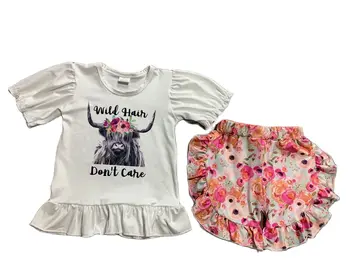 Шорти с къс ръкав, комплект от 2-те летни бутикови костюми за момичета с принтом във формата на главата на бика, скъпа детски дрехи на едро