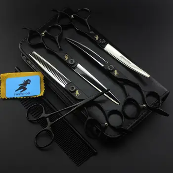 7-инчов комплект ножици за грижа за домашни любимци, директни извити ножици за подстригване на кучета и котки, комплект ножица за изтъняване на коса Tesoura Para