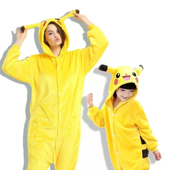 Семейни пижами кигуруми, жълт гащеризон с изображение на животно Пикачу, костюм за cosplay, пижами за деца и възрастни