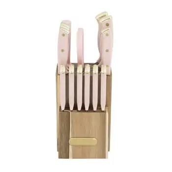 Набор от ножевых блокове от акация с нитове от 15 теми розови и златни цветове