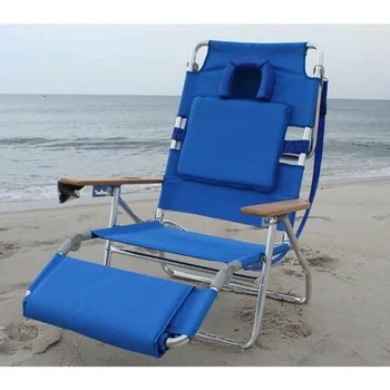 Алуминиев плажен стол с флип от облегалка от щраус - син плажен стол, уличен стол, стол походный