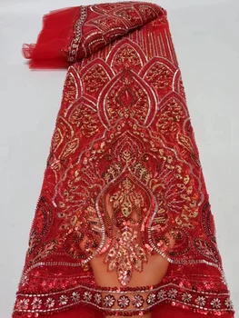 Нигерийски платове с пайети, лейси плат с мъниста, червен бродирани тюлевая плат, африканска лейси кърпа за сватбени рокли, 5 ярда