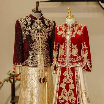 Китайското традиционната сватбена рокля с пайети, расшитое мъниста, костюм за младоженеца, реколта дрехи за наздравици, елегантни костюми източен стил Тан