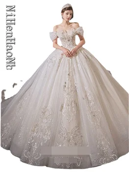 Френската луксозна сватбена рокля с деколте лодка, апликация от мъниста, луксозна сватбена рокля на принцеса с дълга опашка, топката сватбена рокля