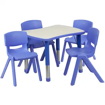 Правоъгълна синя пластмасова маса за занимания с регулируема височина и 4 стола