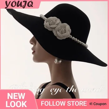 Нова висококачествена вълнена фетровая шапка, дамски есенно-зимна модна шапка в стил джаз, панама, сватбена шапка с перлата на цветето камелия