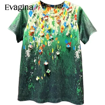 Evagina Модерен Принт С Аппликацией, Елегантна Риза с Къси ръкави 2023, Пролет-Лято, Нова Женска Празнична Тениска