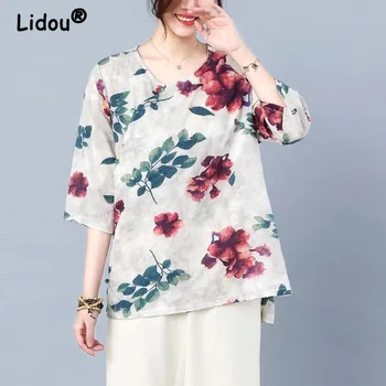 Li Dou 2023 Годишният нов дамски памук и лен топ с голям размер, свободни, с къс ръкав за майките на средна възраст, тениска с флорални принтом
