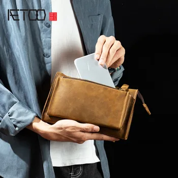 Модерен мъжки кожени клатчи AETOO, мъжки чанти от кожа crazy horse в ретро стил на бизнес ежедневни чанти и калъфи за мобилни телефони от телешка кожа