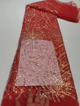 Африканска лейси плат с пайети 2023, червен висококачествена бродерия, френски тюл, дантелено нигерийски сватбена рокля за партита, шиене