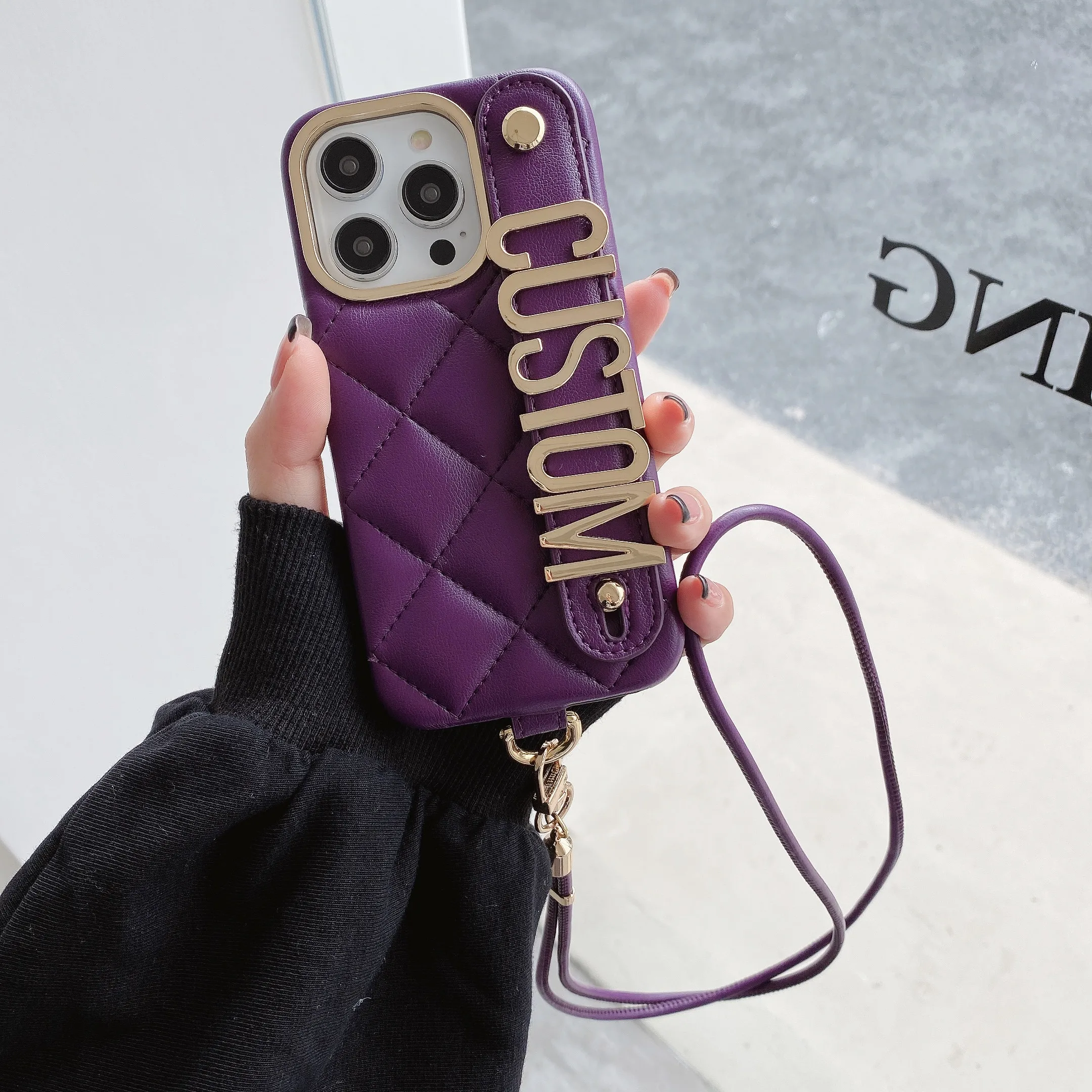 Луксозен кожен калъф във формата на диамант с потребителско име и метални букви, калъф за телефон на съвсем малък за iPhone 11 12 13 14Pro Max, стойка за телефон, индивидуално калъфче3