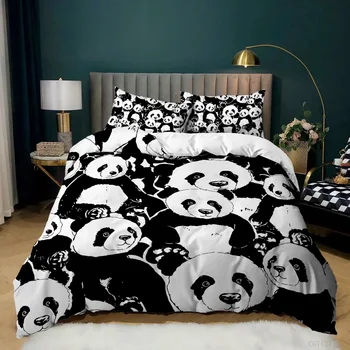 Чаршаф с изображение на панда, комплект спално бельо с шарките на анимационни панди, комплект спално бельо от микрофибър за момчета и момичета, одеало с чудесни животни, 2/3 бр., в пълен размер