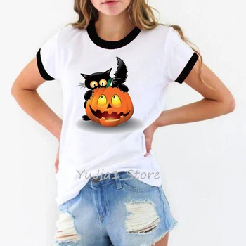 Щастливата риза на Хелоуин, дамски забавна тениска с изображение на черната котка тиква, женска тениска с изображение на разговора, бяла тениска, camisa feminina, върхове