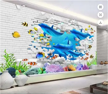 тапети снимка 3d потребителски стенописи Тухлена стена на Морската делфин корали и тропически риби хол начало декор тапети за стени 3d